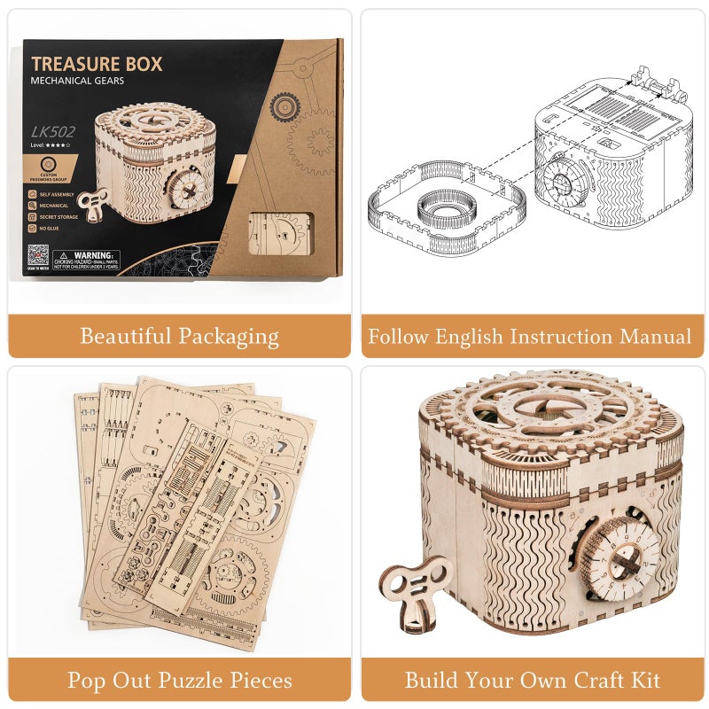 Rowood 3D Puzzles for Adults, Wooden Mechanical Gear Model Kits for Age 14+ - Treasure Box - Image 3